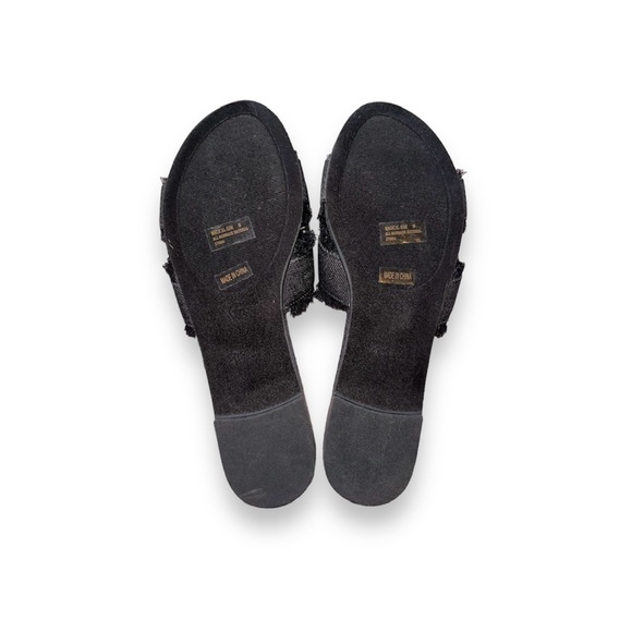 BLACK FRAYED DENIM OPEN-TOE SANDALS W/ CRISSCROSS STRAPS · SIZE 9, FITS 8 · NWT - Picture 2 of 7